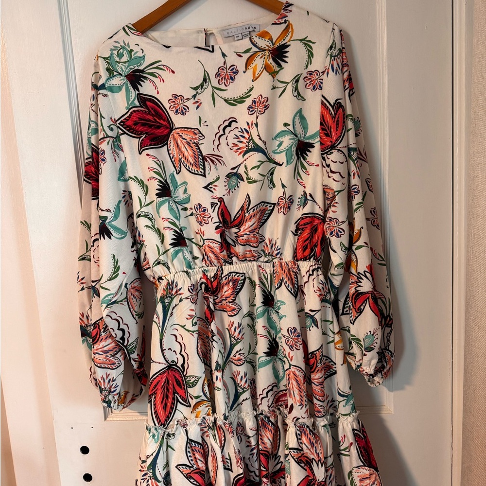 Floral Tiered Long-Sleeve Dress - White with Red & Green Print